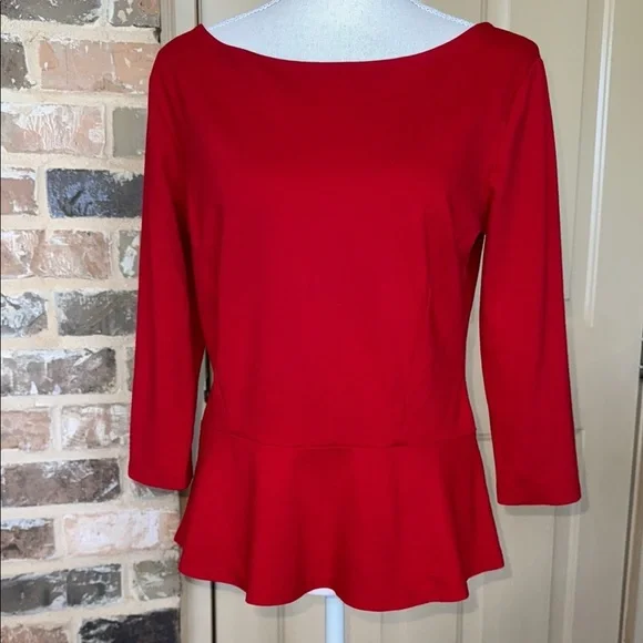 Ann Taylor Perfect Red Peplum Top Knit Pullover Fitted Stretch 3/4 Sleeve Sz M - Picture 2 of 12